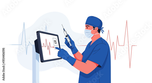 Doctor with Syringe and Monitor Displaying Heartbeat and Data