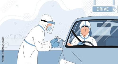 Drive-thru Vaccination: Healthcare Worker in PPE Administering Shot to Driver
