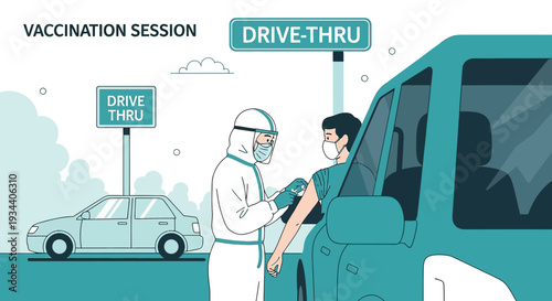 Drive-thru Vaccination Session: Healthcare Worker Administers Shot to Patient in Car