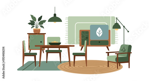 Sustainable Living Room Interior Design. Modern Eco-Friendly Home Decor with Green Furniture, Recycled Elements, and Potted Plants Illustration