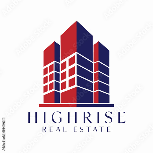 Red and blue highrise building with Highrise Real Estate text