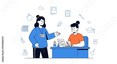 Education Concept: Teacher Guiding Student with Learning Icons