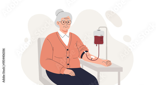 Elderly Woman Donating Blood, Medical Procedure, Health Care Concept