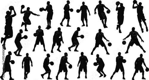 Black silhouettes of basketball players set, dynamic action poses, dribbling, shooting, passing, jumping, flat vector illustration, sports design, athletic graphic template