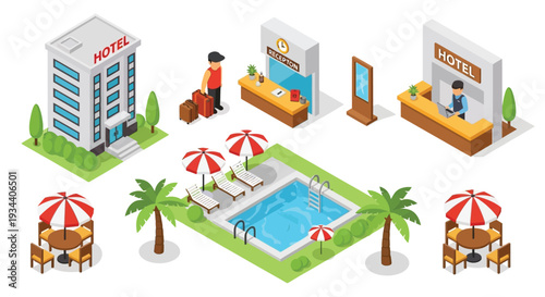 Isometric illustration depicting a hotel pool and reception area scene