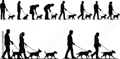 Black silhouettes of people walking dogs, pet owner and canine interaction, flat vector illustration, companionship design, training stages, cartoon style, graphic template
