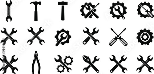 Black silhouettes of tools set, wrench, hammer, screwdriver, pliers, gears, mechanical repair icons, flat vector illustration, engineering design, maintenance graphic template