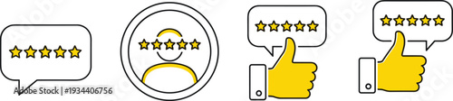 Customer review rating icon set with five yellow stars, thumbs up feedback symbols, testimonial speech bubble icons, user experience satisfaction, vector
