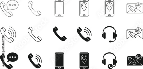 Contact us icon set for customer support, phone email location and headset symbols, communication web button elements, vector illustration