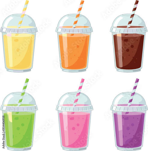 Colorful smoothie and juice cups flat vector illustration set with plastic takeaway drinks and striped straws
