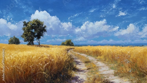 Sunny landscape of a golden wheat field with a dirt path