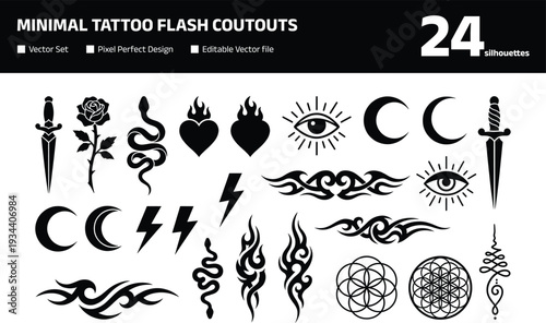 Minimal tattoo flash silhouette set with mystical and geometric symbols
