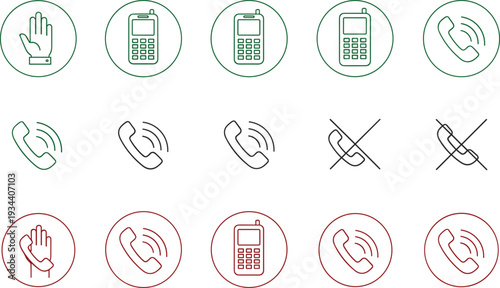 Vector icon set of mobile phones and handsets with hand gestures for communication and no phone zones on white background