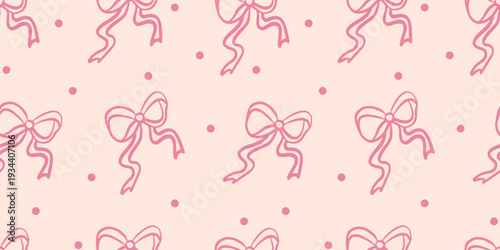 Seamless pattern with delicate pink bows on a soft pastel background. Cute hand drawn ribbon design for wrapping paper, textiles, stationery, scrapbooking, and romantic decorative projects.