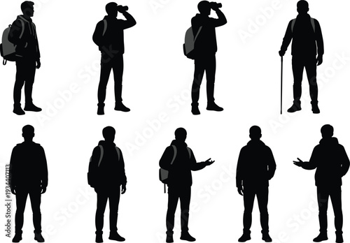 Young Men Silhouettes Collection, Traveling Male Figures Set, Binoculars and Backpack Poses, Outdoor Adventure Outlines, Standing People Vector, Casual Male Stances,