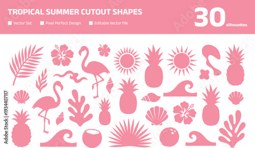 Tropical summer cutout shapes set with flamingo pineapple and palm leaf silhouettes