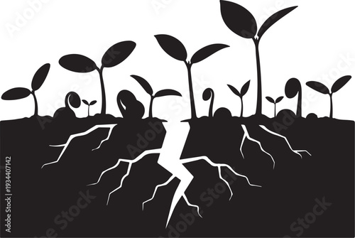 Sprouting Seedlings Growing in Soil with Visible Roots Silhouette