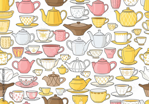 Colorful Teapots and Teacups on White Background