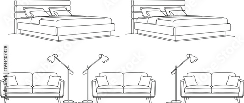 Contemporary Bedroom and Living Room Furniture Collection with Upholstered Beds, Sofas and Floor Lamps in Minimal Line Art StyleContemporary Bedroom and Living Room Furniture