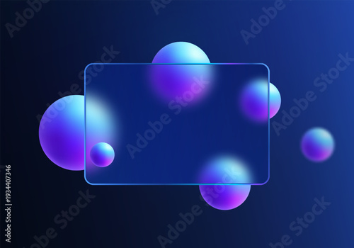 Futuristic glass morphism template with translucent rounded panel and glowing neon gradient spheres on dark blue background.