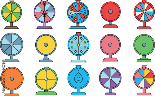 Colorful spinning prize wheel set collection flat vector illustration isolated on background, carnival game roulette icons bundle for contest and giveaway design