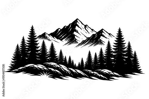 Monochrome mountain landscape with pine trees and rocky terrain.