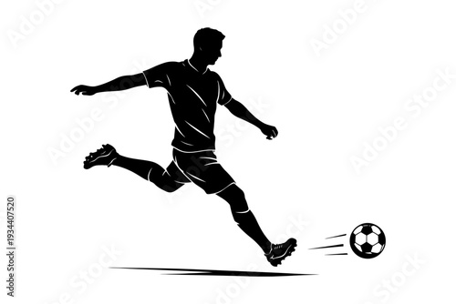 Silhouette of a male soccer player kicking a ball.