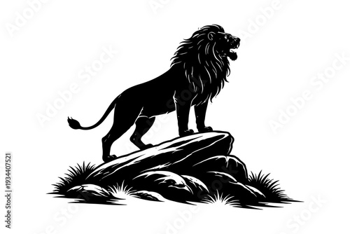 Silhouette of majestic lion standing on rock against white background.