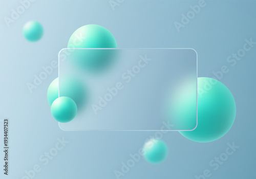 Soft glass morphism composition with translucent rounded panel and mint green gradient spheres on light blue background. Modern vector layout template.