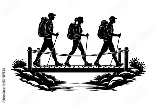 Silhouette of three hikers on a bridge with backpacks.
