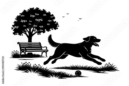 Silhouette of joyful dog running in park with tree and bench.