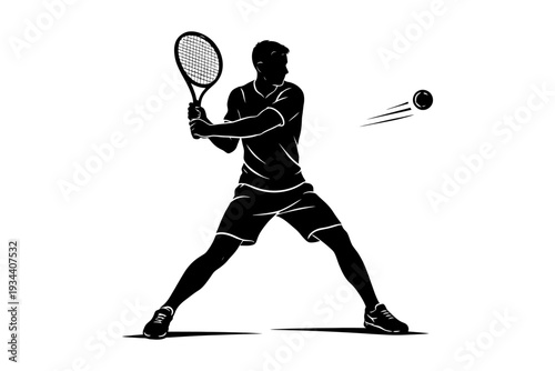 Silhouette of male tennis player in action with racket on white background.