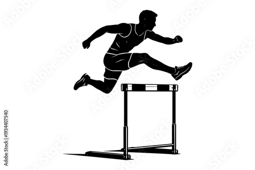 Silhouette of male athlete jumping over hurdle in action pose.