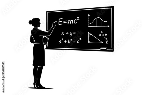 Silhouette of female teacher solving math and physics equations on chalkboard.