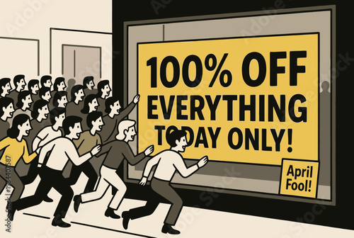 April Fool's Day Fake "Sale 100% Off" Store Window Display