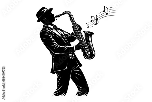 Silhouette of african male saxophonist in suit with musical notes.
