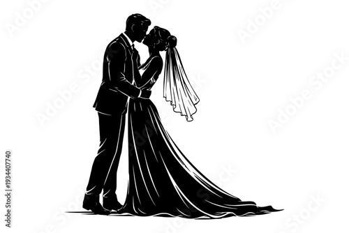 Elegant bride and groom silhouette embracing on wedding day.