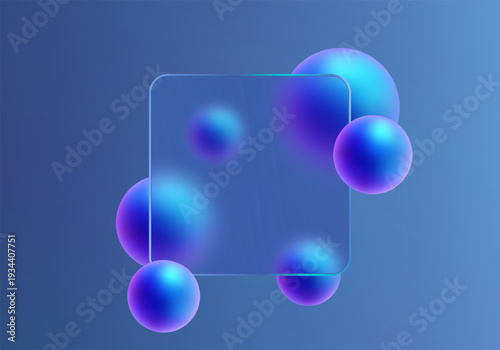 Glass morphism style banner with a translucent rounded square panel and vibrant blue-violet gradient spheres on a gradient background.