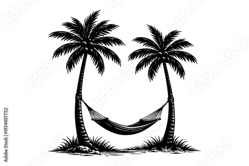 Tropical hammock between coconut palm trees - black and white illustration.