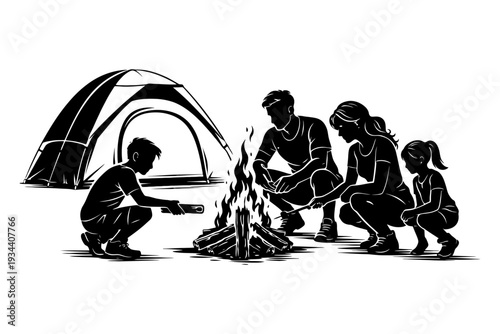 Family camping adventure: caucasian male adult, female adult, young children roasting marshmallows.