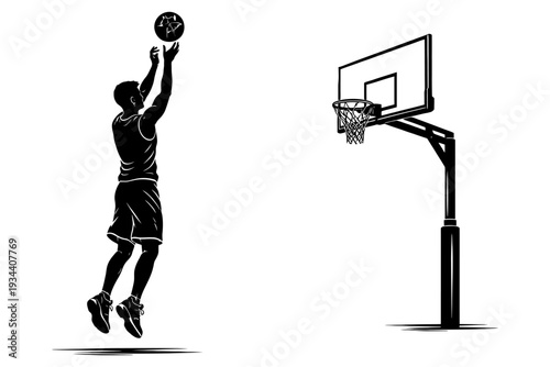 Silhouette of male basketball player shooting the ball towards hoop in black and white.