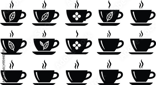 WebBlack and White Minimalist Coffee and Tea Cup Icon Set Featuring Various Steam Styles Leaf Patterns and Floral Designs for Cafe Branding and Menu Layouts