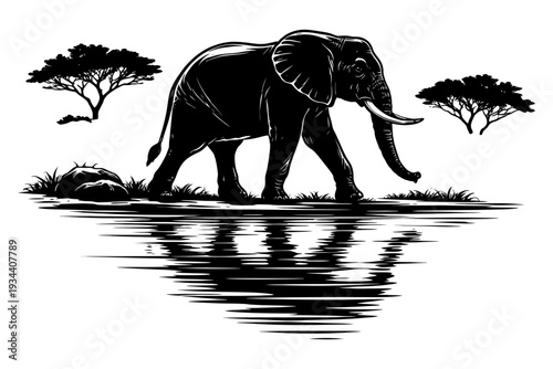 Elephant silhouette walking near water with tree reflections.