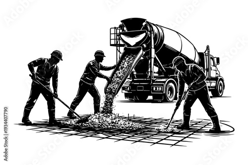 Silhouette of construction workers with cement truck and rebar mesh.