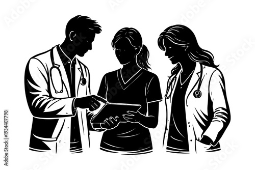 Medical team discussion: silhouette of diverse healthcare professionals collaborating.