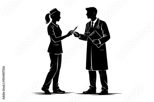 Silhouette of medical professionals in discussion: female nurse and male doctor collaboration.