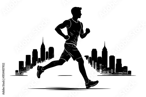 Silhouette of young caucasian male jogger with urban skyline background.