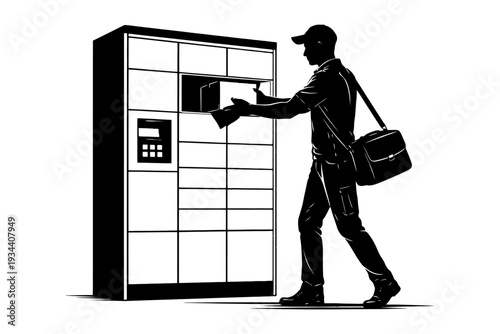 Silhouette of delivery man using parcel locker for package collection.