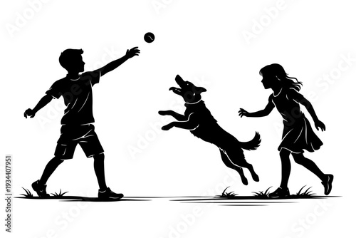Silhouette of children playing fetch with dog in motion.