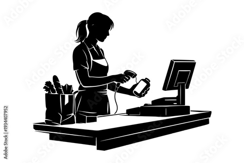Female cashier processing payment at grocery checkout counter.